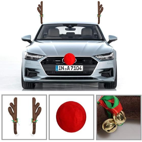 Car Christmas Decoration, Car Reindeer Antlers And Nose Set, Brown Christmas Reindeer Car Costume Christmas Antlers For Truck SUV Car Decor,Xmas Gift