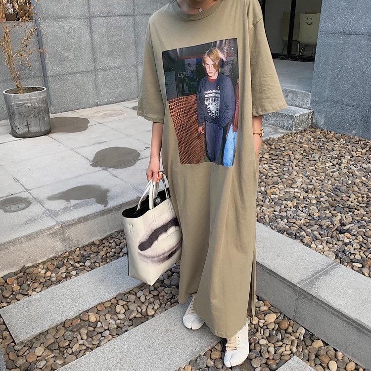 Plus Size Summer Korean Style Dress Women's Printed Long T-Shirt Dress Short Sleeve Loose Casual Dresses