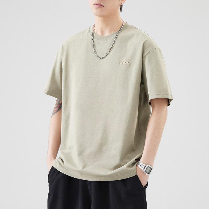 260g Heavy Japanese Loose Ice Silk Embroidered Short-sleeved T-shirt Men's Summer Casual
