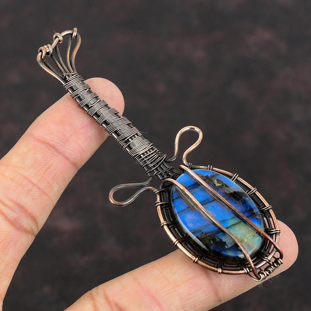 Labradorite Copper Wire Wrapped Pendant Gemstone Handmade Pendant Music Instrument Copper Jewelry Gift For Her Labradorite Guitar Pendant