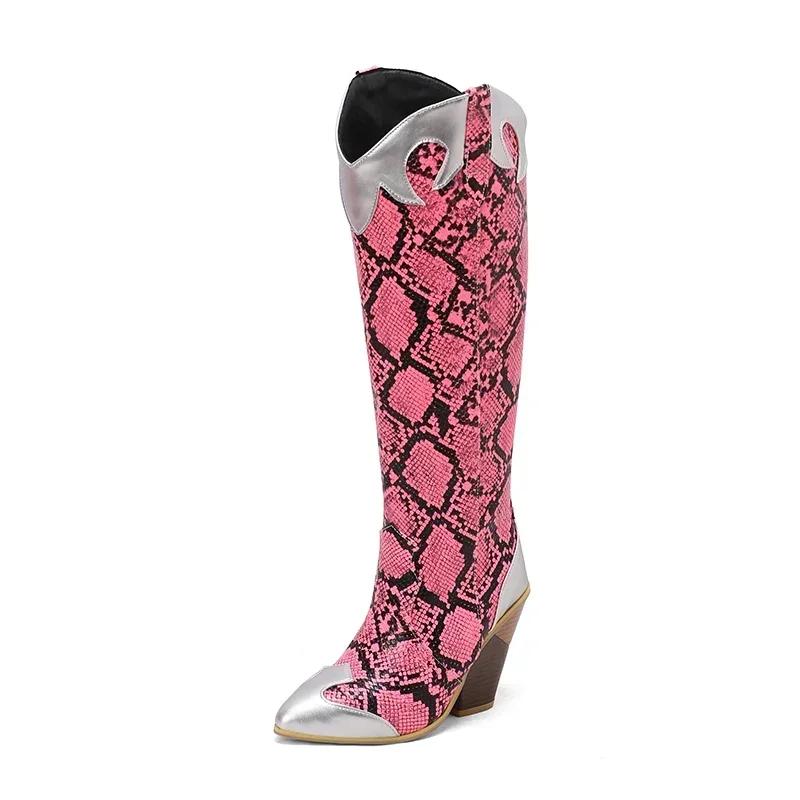 Winter Western Knee High Boots Women Wedge Heels Brown Purple Black Patchwork Retro Dress Pointed Toe Zipper Cowgirl Long Boots