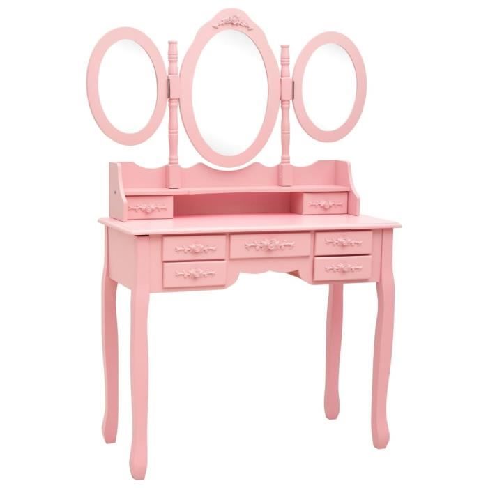 VidaXL Coiffeuse avec tabouret et miroir pliable en 3 Rose