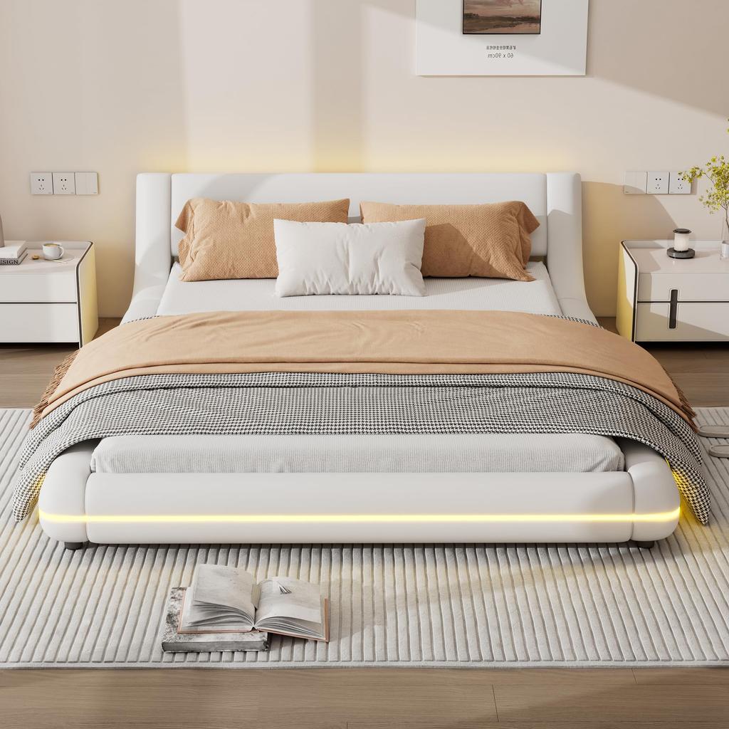 Polsterbett 140x200cm mit LED Beleuchtung, Bodenbett Doppelbetten mit Kopfteil und Lattenrost, Ohne Matratze
