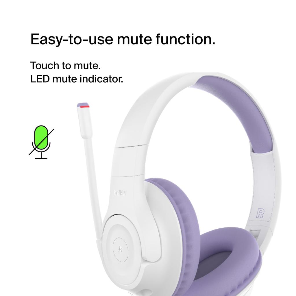 Belkin Junior Wireless Headset with Boom 85dB Volume Limiting 35 Hours of Continuous Bluetooth AUD006btLV Microphone, Function, Playback, 5.2