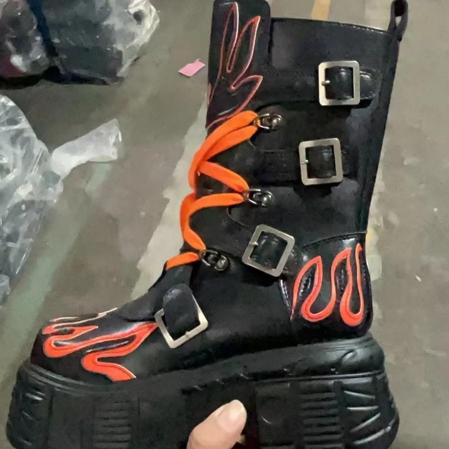 Punk Rock Boots Women Gothic Platform Motorcycle Ankle Boots with Metal Buckles and Flame Design Mid Calf Streetwear Footwear