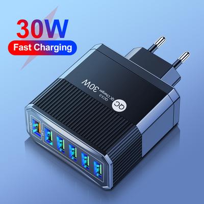 30W 6 In 1 USB Charger Wall Quick Charger QC 3.0 Mobile Phone Fast Charging Adapter for iPhone Samsung Xiaomi EU/US/KR/UK Plugs