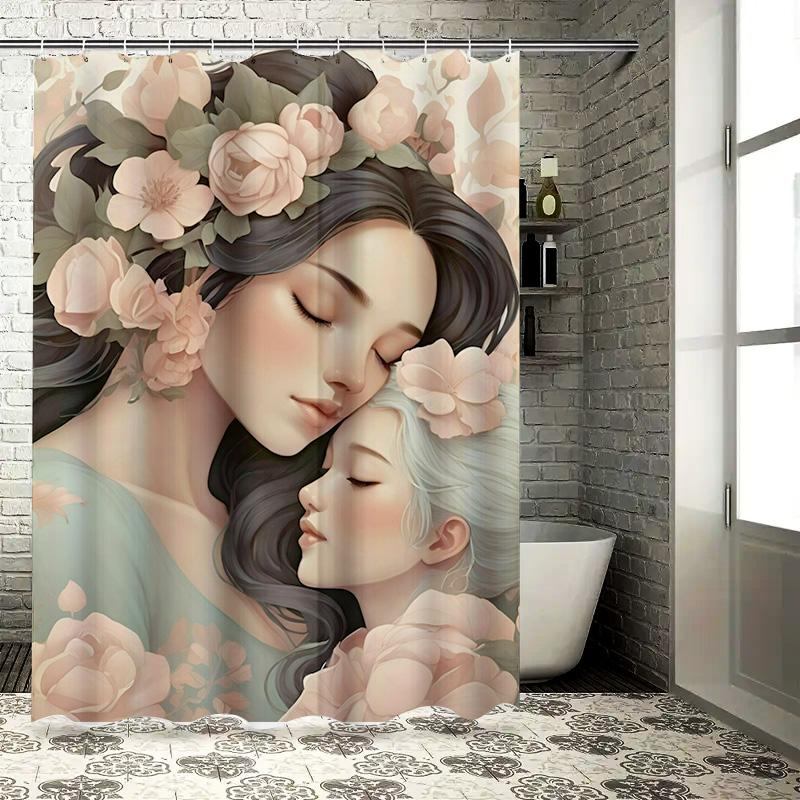 Elegant Mother And Daughter Floral Shower Curtain - Waterproof, Mildew-Resistant, Machine Washable For Cozy Bathroom Decor
