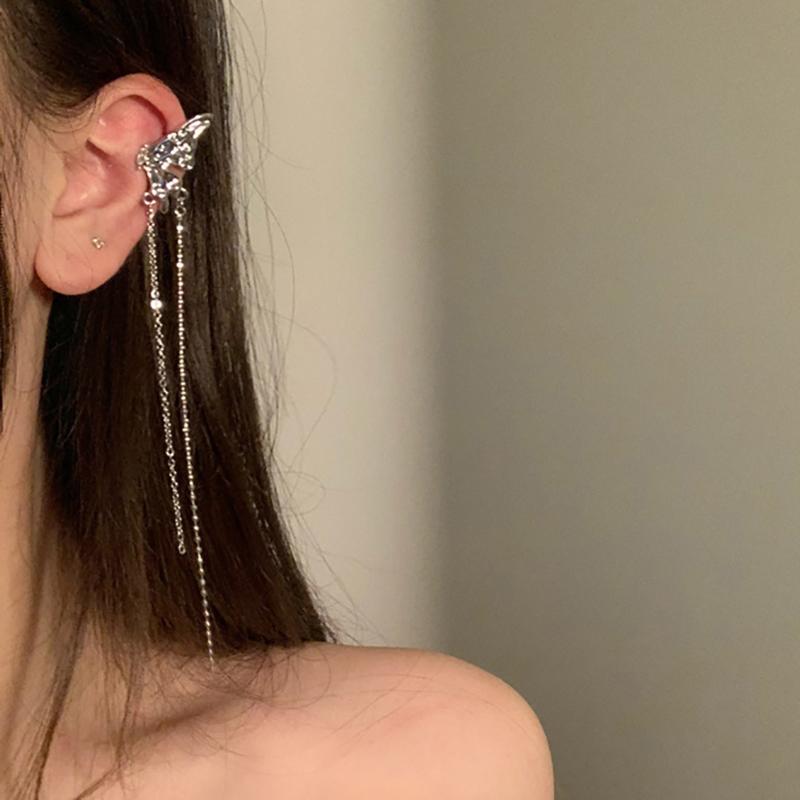 Korean Elegant Elf Butterfly Clip Earrings For Women Girls  Long Tassel No Piercing Ear Cuff Jewelry Gifts