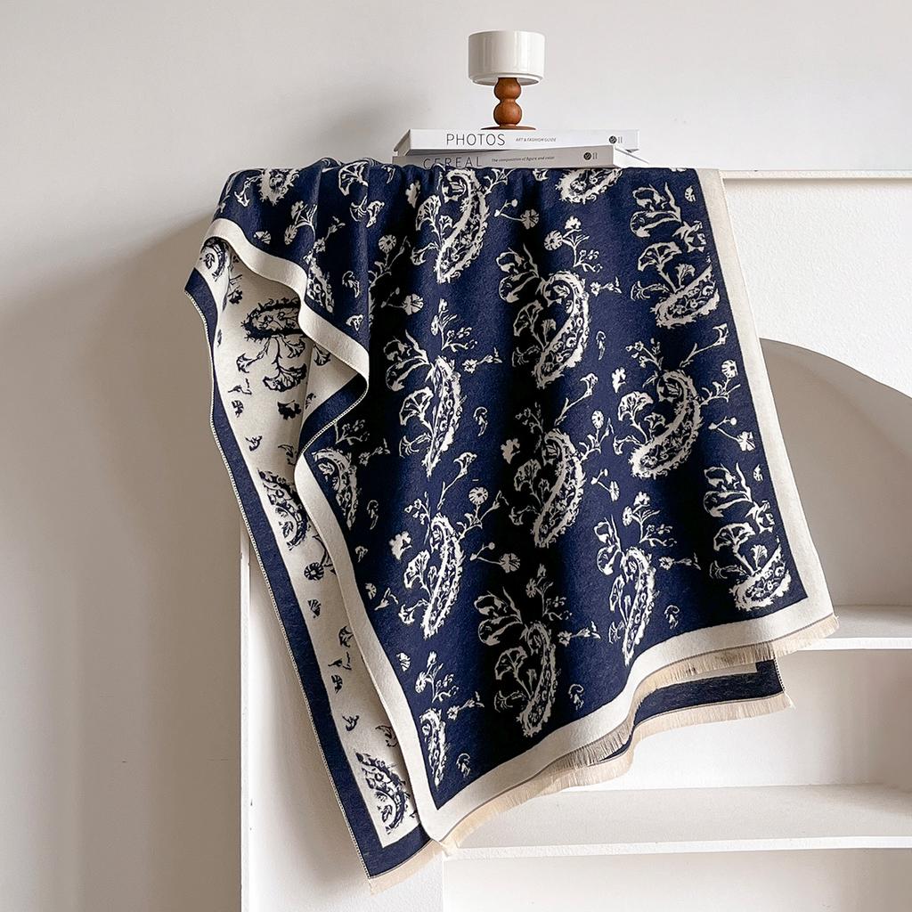 Luxury Leaf Print Scarf for Women Warmer Winter Imitation Cashmere Pashmina Scarves Shawls Female Thick Blanket Wraps Foul