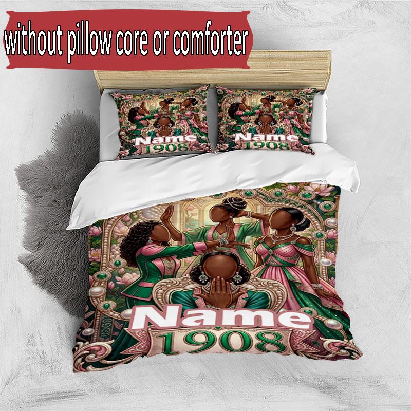 3pcs Duvet Cover Set (1*Duvet Cover + 2*Pillowcase, Without Core), Custom Name Alpha Kappa Alpha Pattern Bedding Set, Home Bedroom Decor Gift
