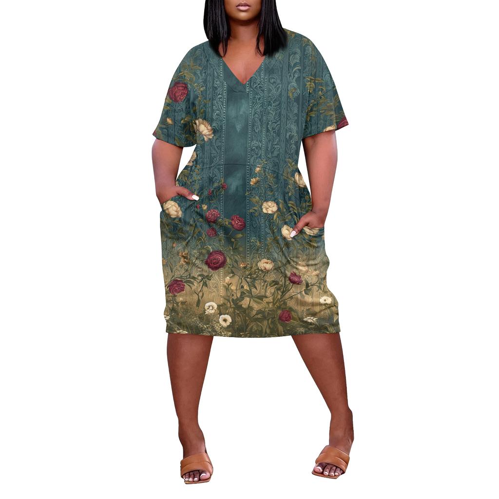 Summer Plus Size V Neck Short Sleeve Knee Pocket Print Casual Dress For Women