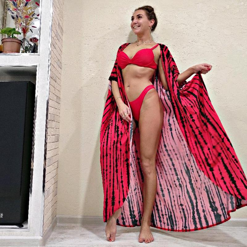 2022 Bikini Cover-ups Black Retro Striped Self Belted Plus Size WomenSummer Kimono Dress Beach Wear Swim Suit Cover Up Q1225