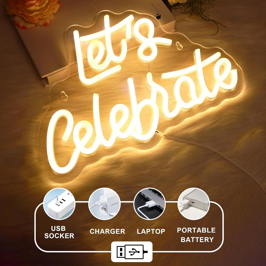 Let’s Celebrate Neon Sign, Dimmable LED Light for Wall Decor, USB Powered, Aesthetic Decoration for Home, Bar, Bistro, Club, Party Birthday Wedding