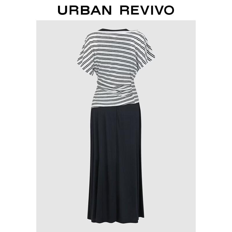 UR2026 Women s Casual Striped Pleated Two-Piece Round Neck Dress S