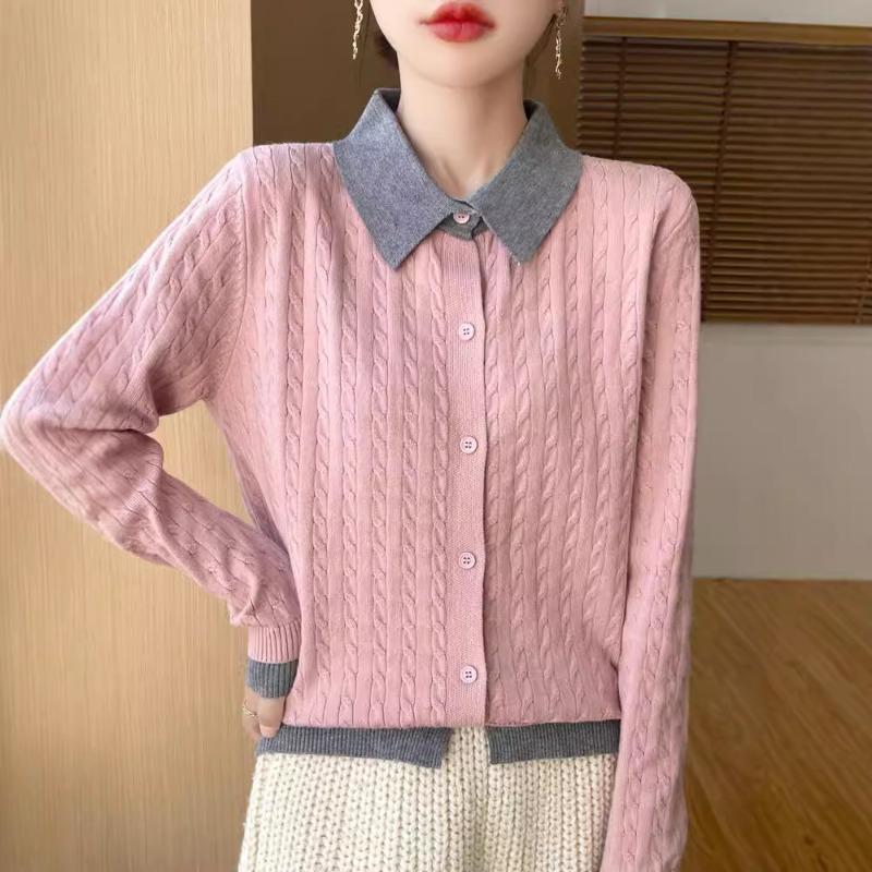 Autumn and winter new temperament gentle wind color matching lapel knitted sweater age-reducing thin bottoming shirt comfortable top women