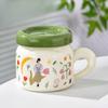 French Ceramic Cup with Lid Flower Bestie Cup with Handle Cute Big Belly Cup Drinking Water Cup Women's Mug