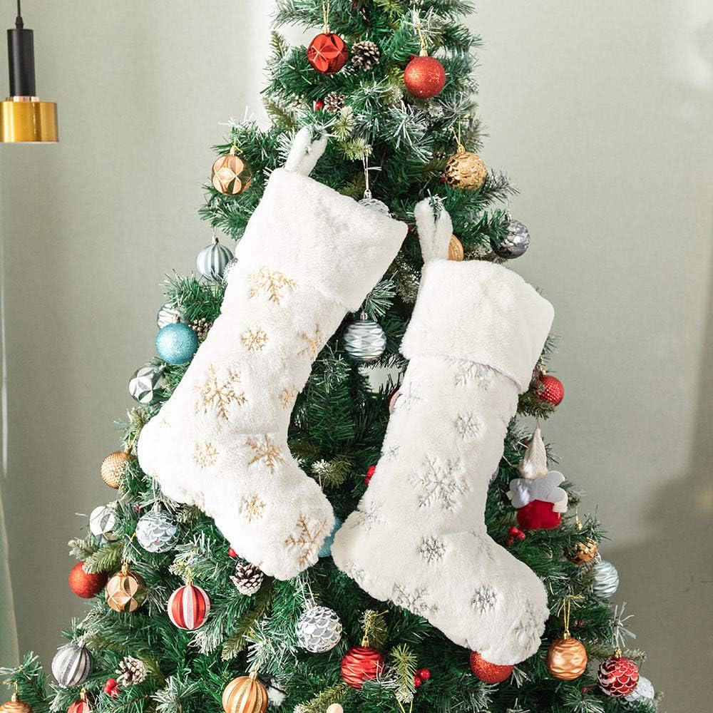 2PCS Plush Christmas Stockings White Faux Fur Large 56cm Deluxe Hanging Xmas Stockings with Silver Sequin Snowflake for Christmas Fireplace