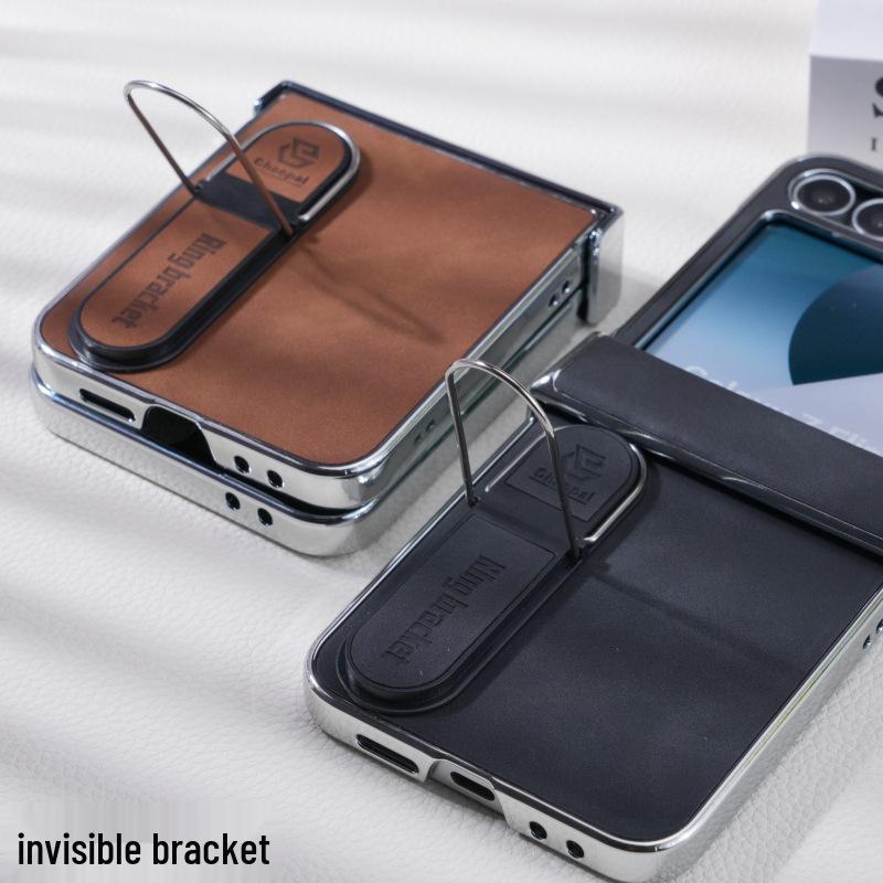 Samsung Z Flip6/7/5 Electroplated Leather Stand Case - Anti-Fall Protective Cover