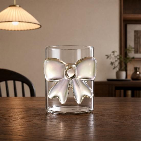 Bow Glass Cup, Breakfast Milk Coffee Mug, 300ml Whiskey Tumbler for Juice, Heat Resistant Tea Cup, Home Bar Decor Gift for Women