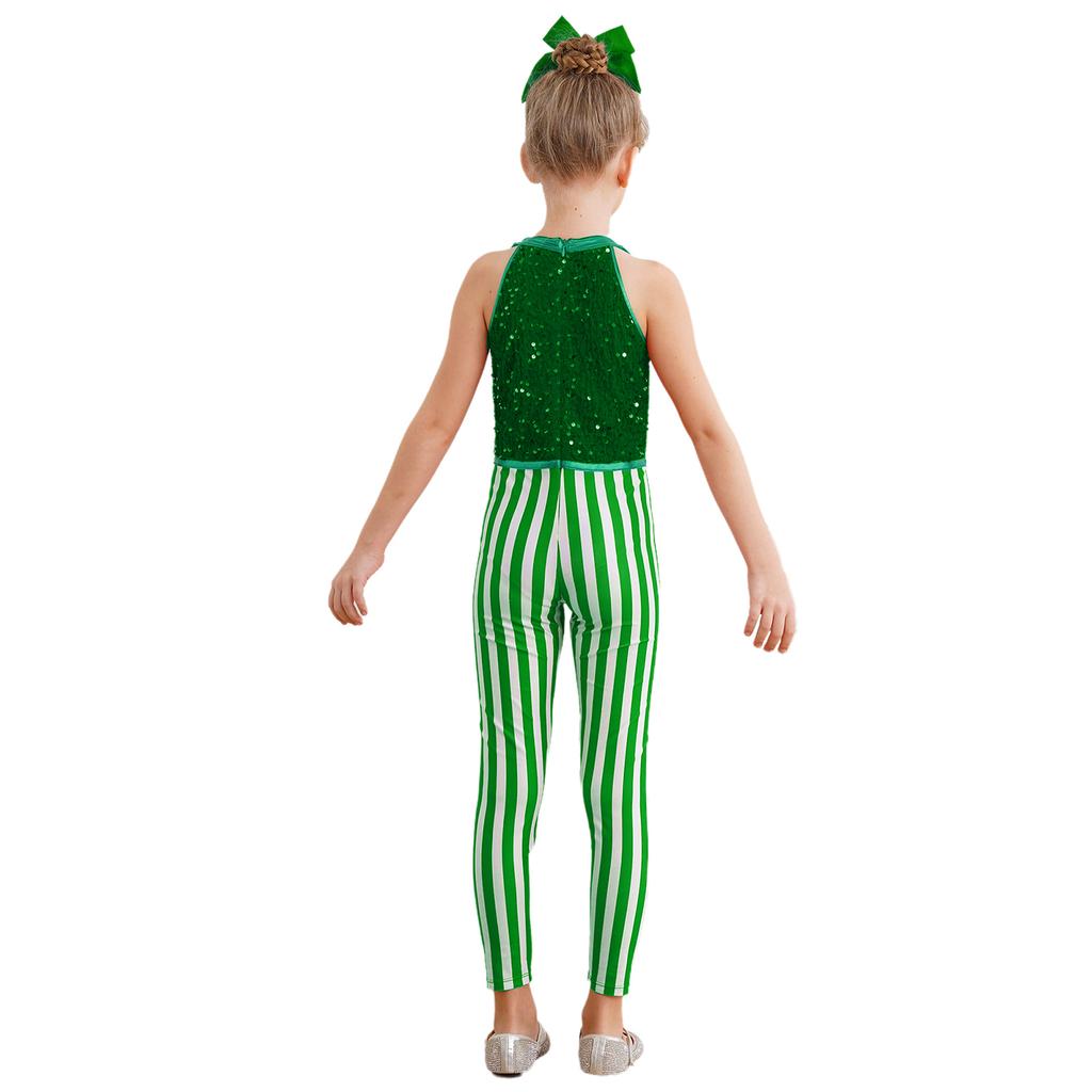 Girls Christmas Costume Sleeveless Striped Sequins Bodysuit Dance Gymnastics Jumpsuit Candy Cane