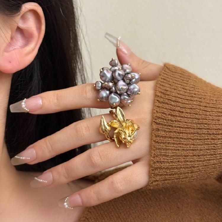 Stackable Pyrotechnics Effect Ring Featuring Imitation Pearls Adjustable Opening Vintage Look Finger Rings For Fashion