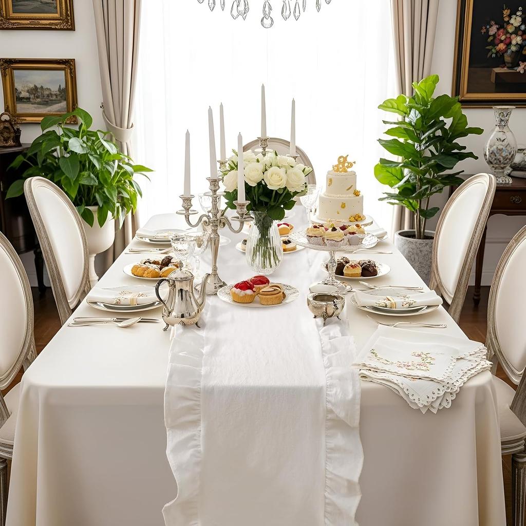Ruffled Table Runner 72 Inches Long Rustic Cotton Tabletop Farmhouse Decor for Baby Shower Bride Shower Birthday Holiday Party(Solid Color,White)
