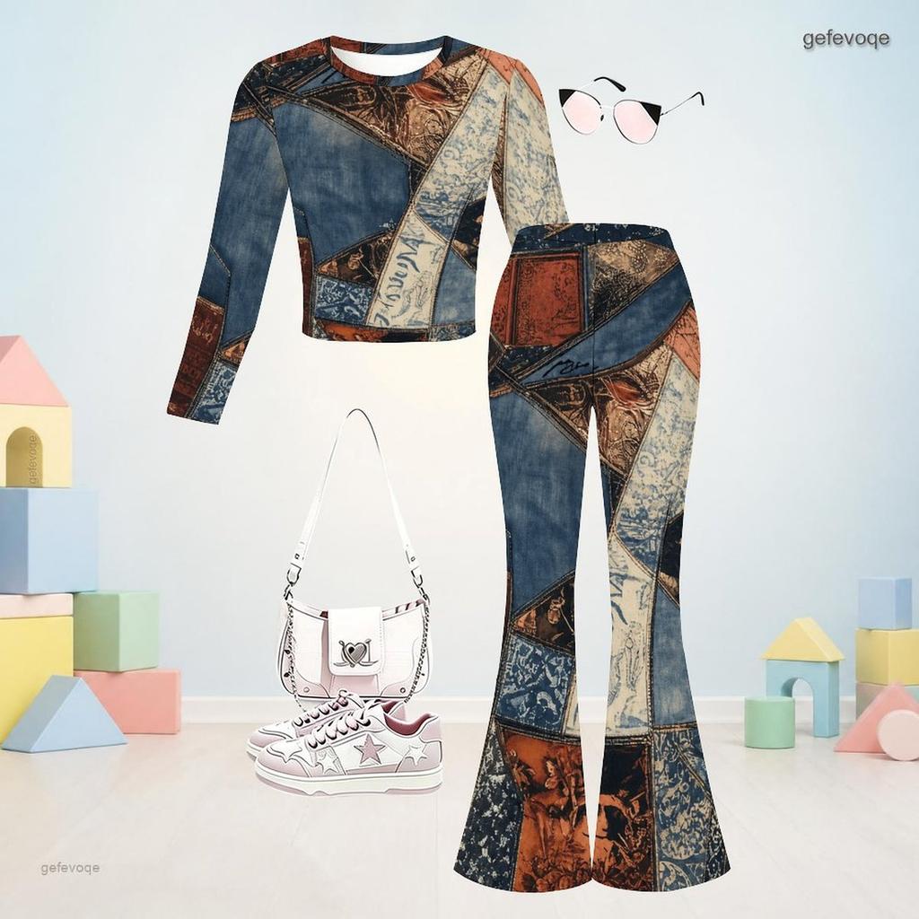 Girls Round Neck Long Sleeve Multi Color Printed Top And Flared Pants Two Piece Set