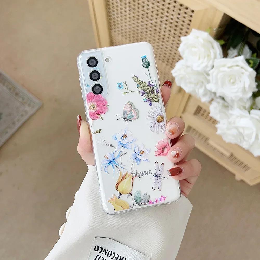 Süße handbemalte Handyhülle mit Blumen für Samsung S25 S24 S22 S21 FE Ultra Klare Silikonhüllen für Samsung Galaxy S23 Plus Ultra Hülle