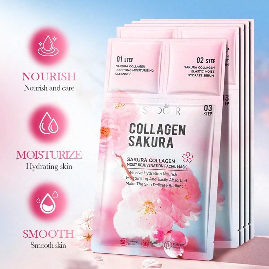 1/3/5/10/20pcs 3-In-1 Face Mask, 3D Contoured Fit Mask, Sakura Collagen Face Mask, Cleanser + Essenc