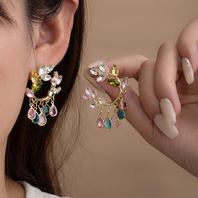 Color Diamond Olive Branch Wreath Earrings Women'S Niche Design Earrings Sweet Small Fresh Fashion Earrings