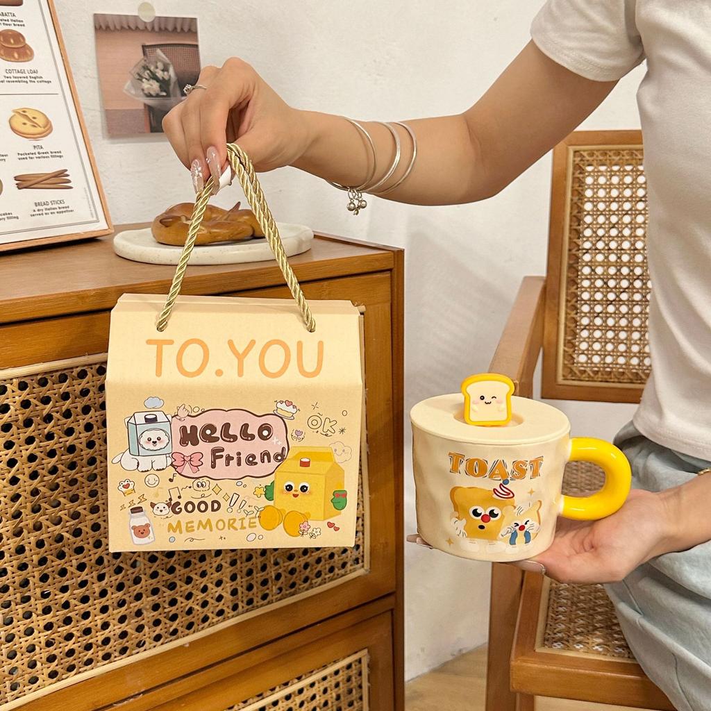 Cute Ceramic Cup Household Mug with Lid Spoon Cartoon Water Cup Female Student Dormitory Breakfast Milk Coffee Cup