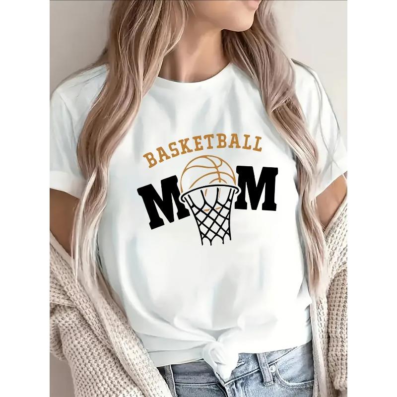 Women's Basketball Mom Polyester T-Shirt, Casual Short Sleeve Sporty Tee For Game Days & Daily Wear