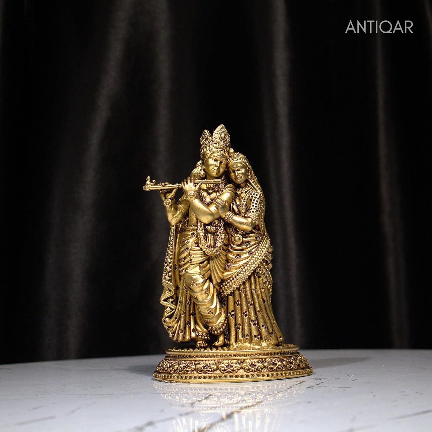 

Идол Радхакришны из латуни 9,5 см | Старинная золотистая отделка, дизайнерская статуэтка Радхи Кришны | Ручная работа, латунная мурти золотой