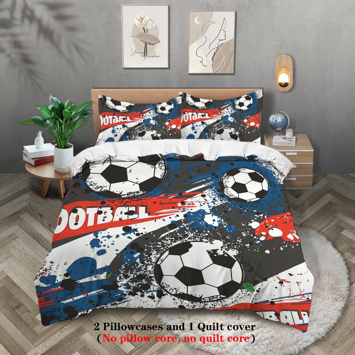 

3pcs Cartoon football pattern printed bedding set, 1*duvet cover+2*pillowcase, for teenagers and adult bedroom, birthday gift 135x200cm-EU-Single
