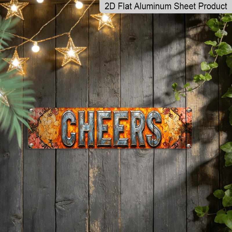2D Flat, 1pc retro Metallic CHEERS Aluminum Decorative Sign-15.7x3.9 Inch Country Style Decoration with Floral Embellishment, Suitable for Home