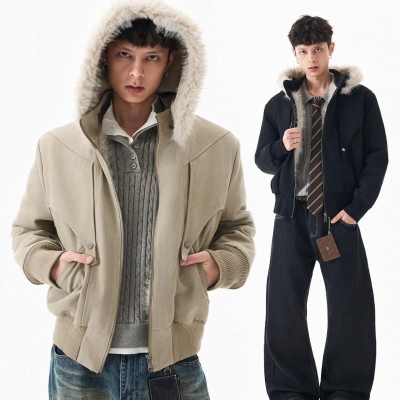 Winter Thick Cotton Coat With Fur Hood Men Loose Fit Solid Color Warm Outdoor Jacket