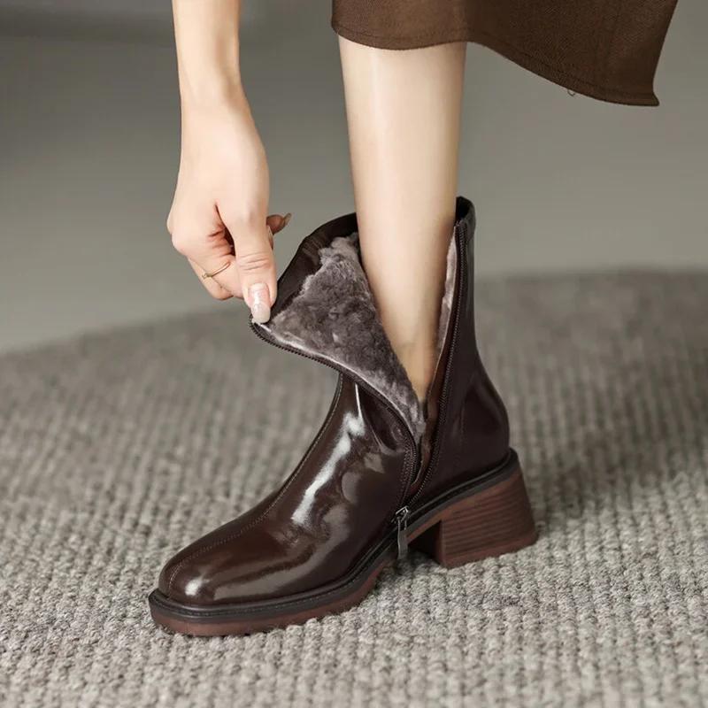 Fashion NEW Autumn/Winter Women Boots Split Leather Shoes for Women Square Toe Chunky Heel Shoes Zip Modern Boots Wool Warm Daily Shoes