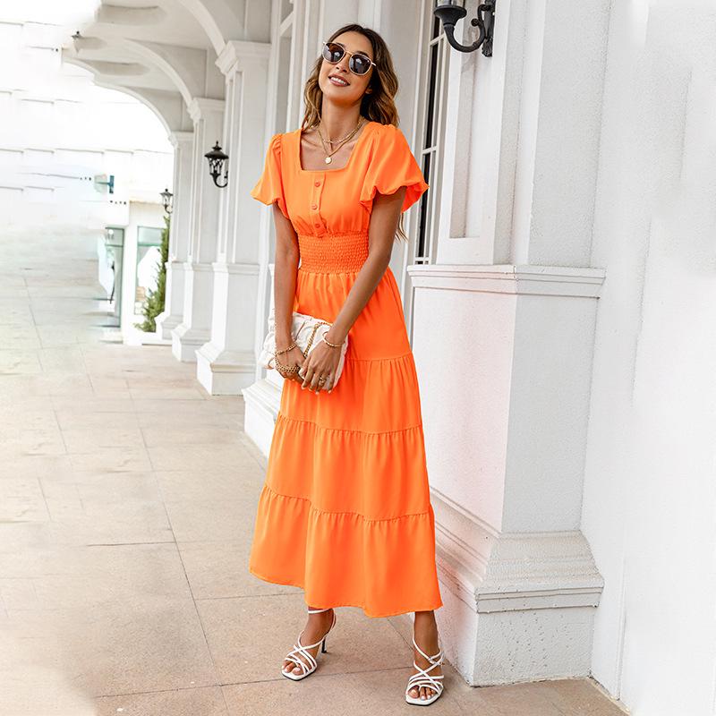 2025 Damen Sommer Maxi Sonnenkleid mit eckigem Ausschnitt & Puffärmeln