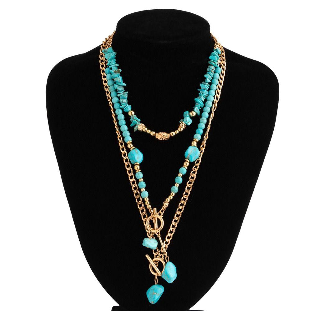1 SET Ethnic Style Multilayer Turquoise Necklace Bead Bohemian Style Clavicle Chain  Party