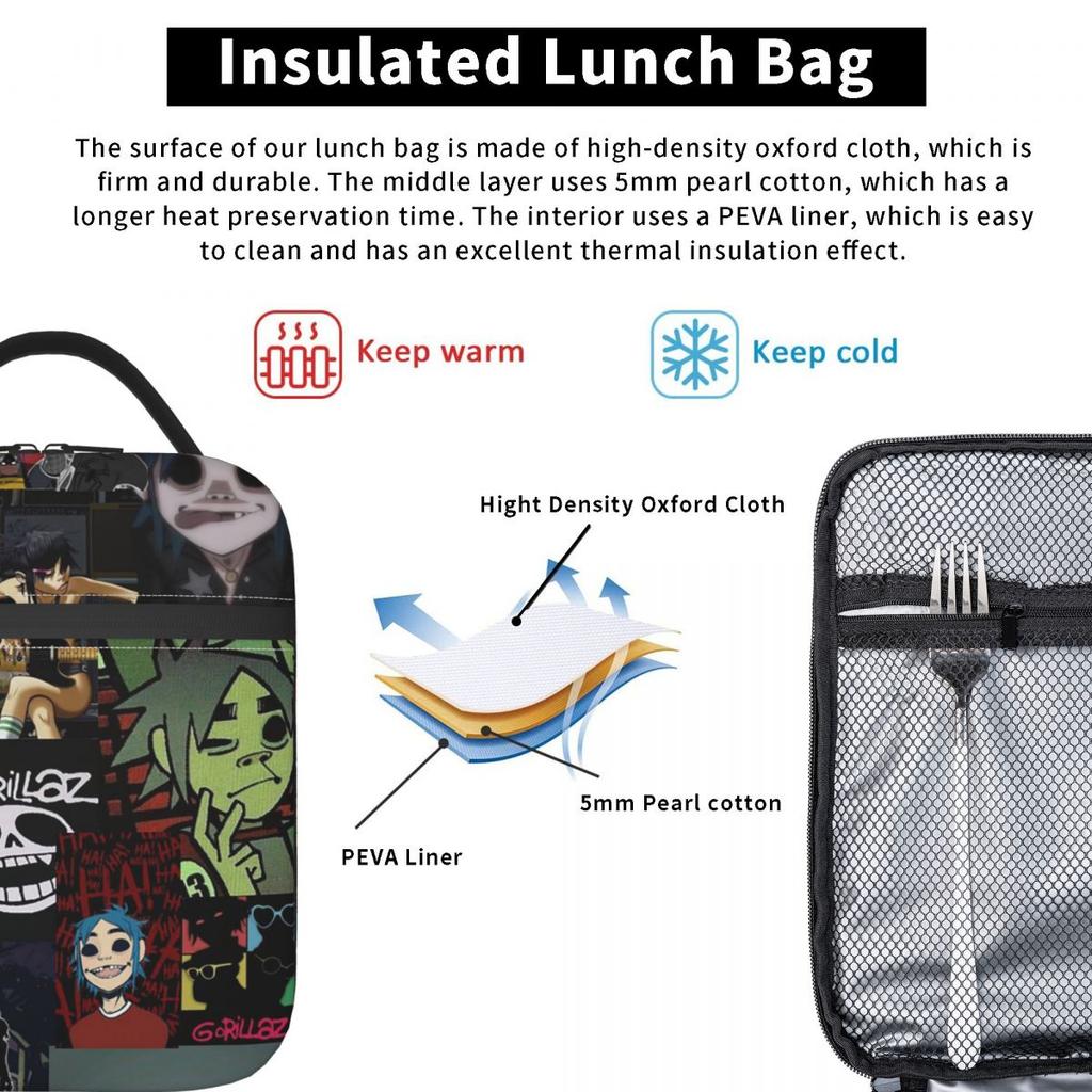 Music Band Gorillaz Insulated Lunch Bag for Women Kids Portable Food Boxes Thermal Lunch Box Tote