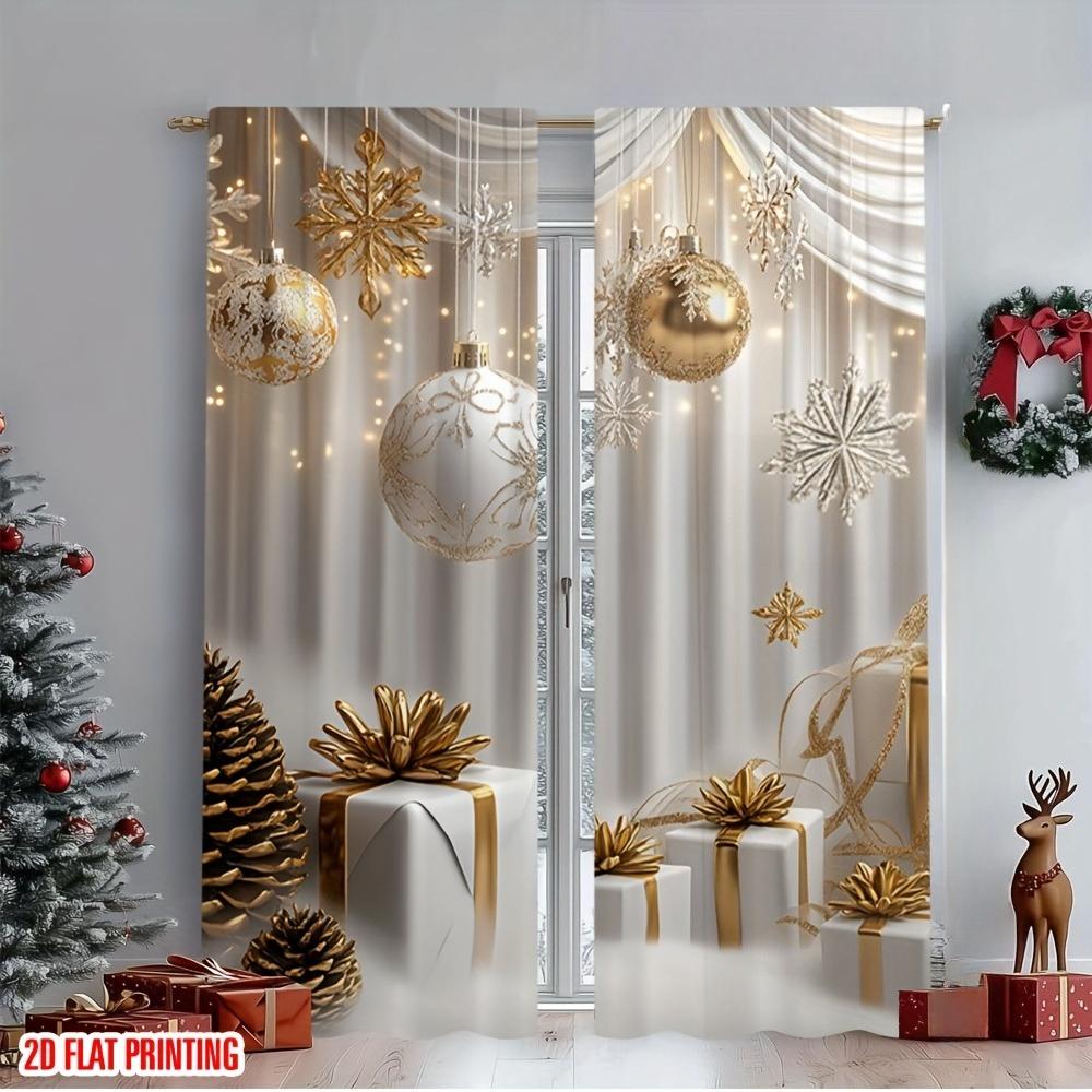 

2pcs Elegant Gold Glitter Snowflake Print Sheer Polyester Curtains – for Living Room Bedroom Office Kitchen & Christmas Decor 100*130 HOOK 1pcs