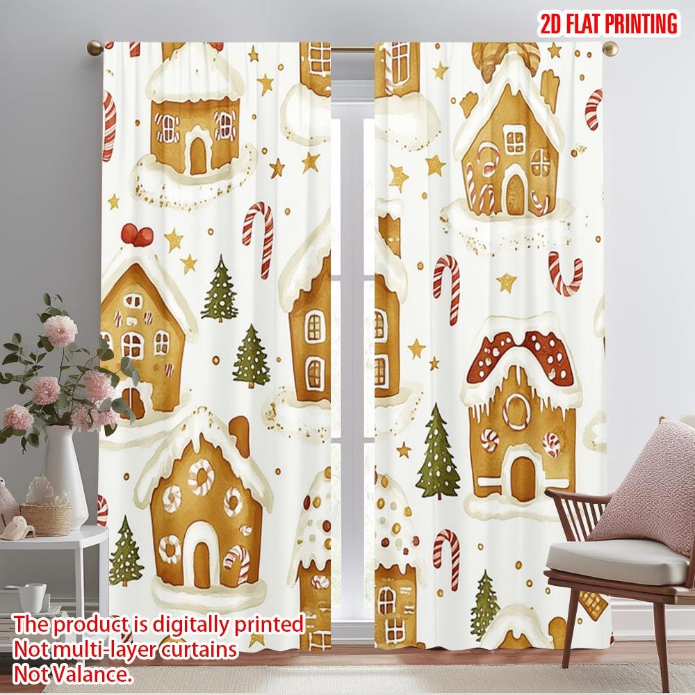 

2pcs,2D plane printing Curtains&Window Treatment Gingerbread Christmas Houses Trees Durable 100% Polyester Fabric (without rod) 52.50×116.00 CM 2pcs