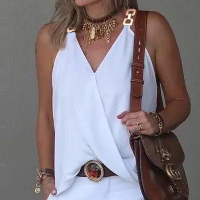 GMXIA Dámská móda Ležérní Jednobarevný potisk Letní vesty s kovovou přezkou bez rukávů s výstřihem do V