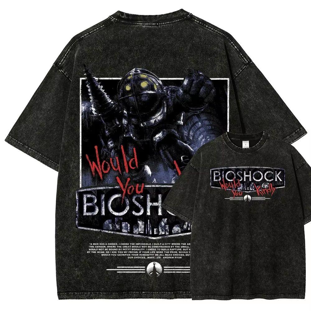Pop BioShock Game Short-sleeved Washed-out Distressed Pure Cotton Loose Men's and Women's Shirt Large Size