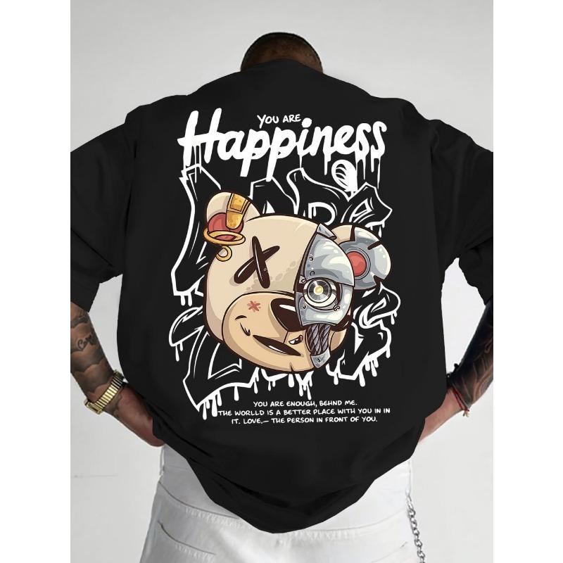 Men s Personalized Graffiti Bear Letter Printed Breathable and Comfortable Round Neck T-shirt Outdoor High Street Top S