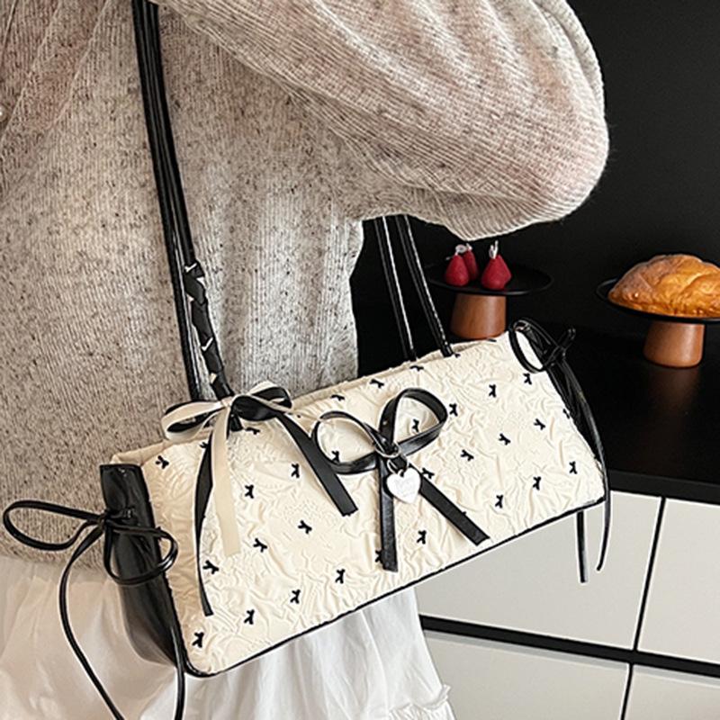 Black Pink Contrasting Color Bow Small Bag Women's 2025 Summer New Shoulder Underarm Bag Fashionable and Sweet Hand Bag