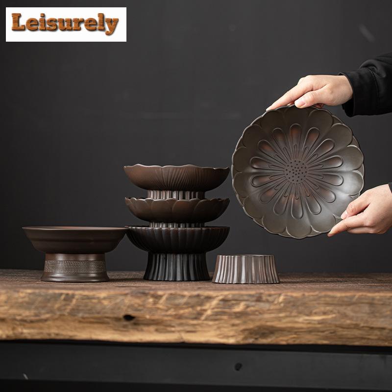 Qingxi Purple Pottery Fruit Plate Drain Water High Foot Fruit Dish Melon Seed Cake Tray Dim Sum Stand Large Buddha Fruit Bowl