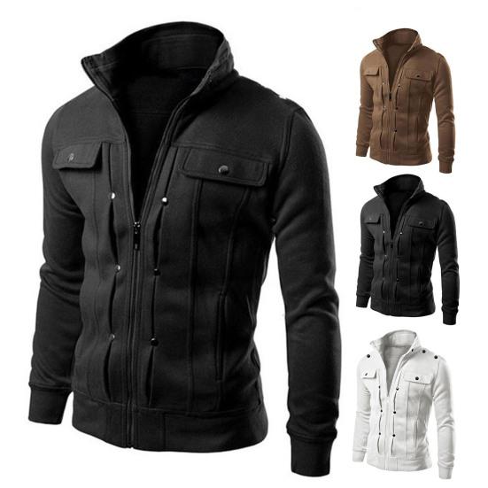 Hombres Primavera Otoño Chaqueta con Botones Cierre de Cremallera Color Sólido Cuello Alto Manga Larga Chaqueta Casual Ropa de Abrigo