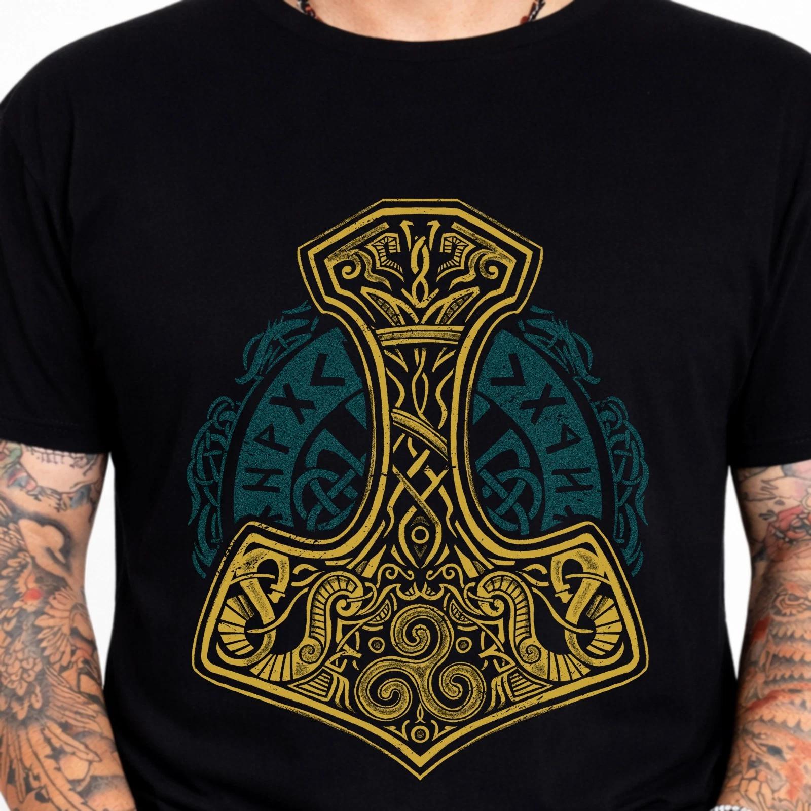 Thor Hammer Mjolnir Viking Norse Mythology Runes Pagan Graphic T-Shirt. XXXL