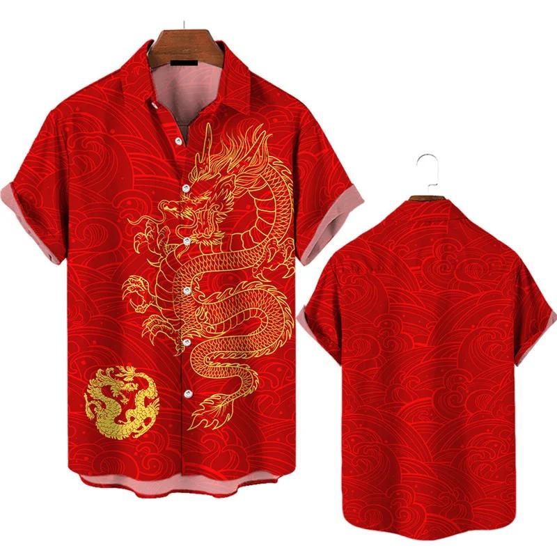 3D Dragon Printing Men's Short Sleeve Shirts Casual Fashion Lapel Buckle Men Clothing Daily Breathable Plus Size Shirts For Men